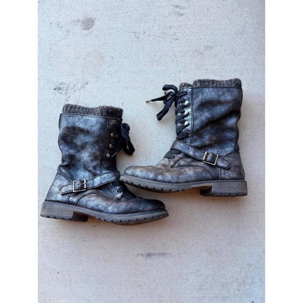Y2K Vintage Roxy Womens Metallic Combat Boots Distressed Silver Knit Trim